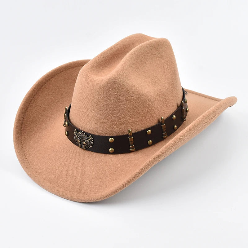 Men Women Western Cowboy Hat with Leather Vintage Big-edge Gentleman Cowgirl Hat Cloche Church Caps