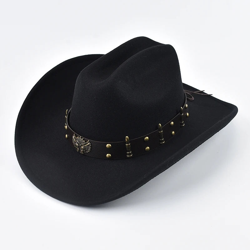 Men Women Western Cowboy Hat with Leather Vintage Big-edge Gentleman Cowgirl Hat Cloche Church Caps