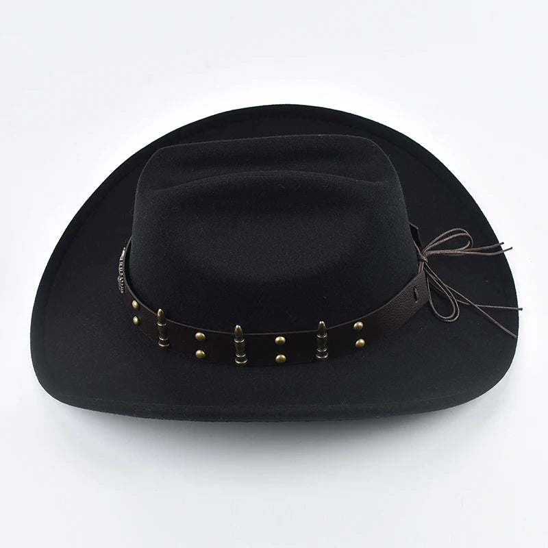 Men Women Western Cowboy Hat with Leather Vintage Big-edge Gentleman Cowgirl Hat Cloche Church Caps