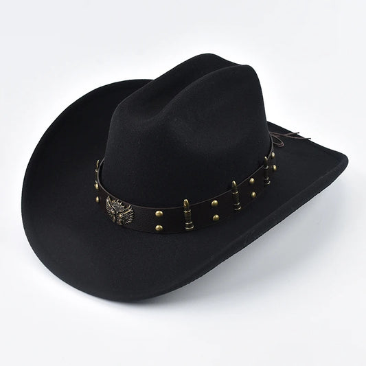 Men Women Western Cowboy Hat with Leather Vintage Big-edge Gentleman Cowgirl Hat Cloche Church Caps